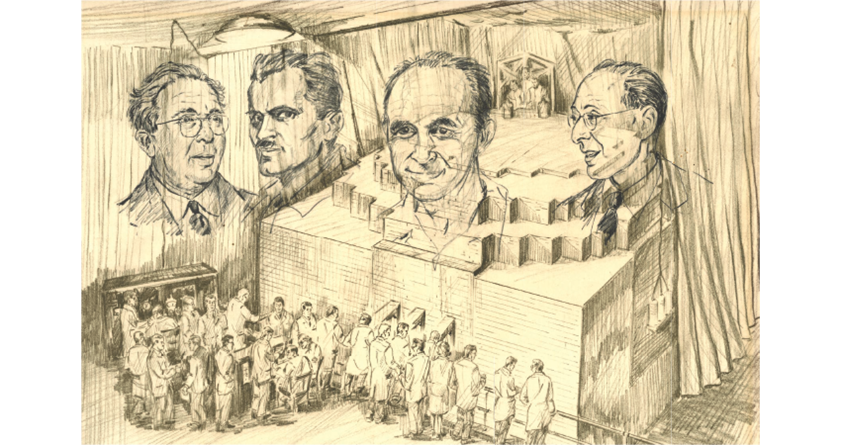 A lithograph featuring the portraits of four men above a group of workers.
